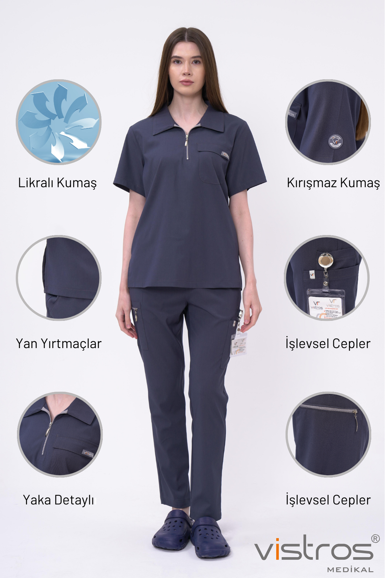 Lüks Polo Yaka Likralı Takım Yüksek Kaliteli Likralı Fermuarlı Scrubs Hemşire Doktor Üniforma Unisex